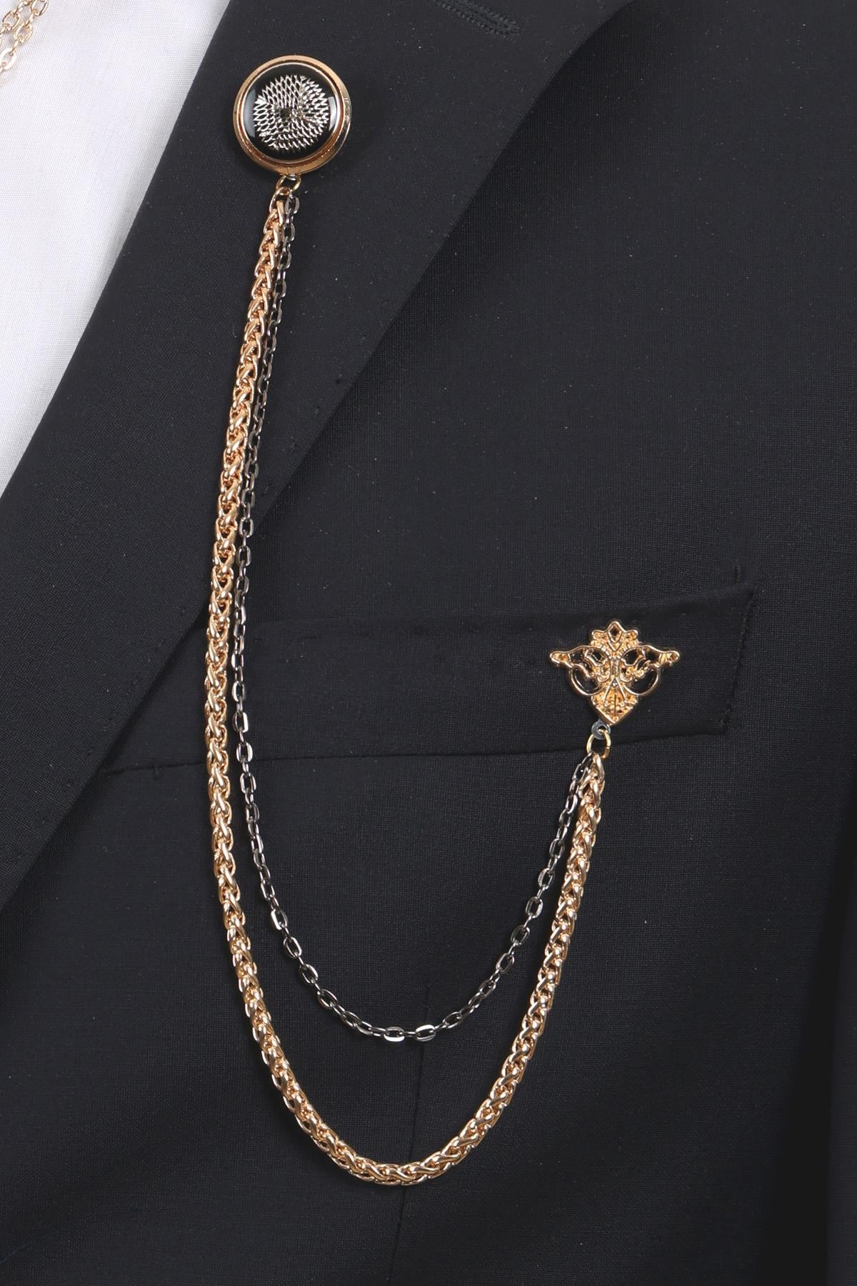 Esgue Siyah Desenli Gold Yaka Broş Seti – 3 Parça Zincirli Erkek Yaka İğnesi (BRS14)