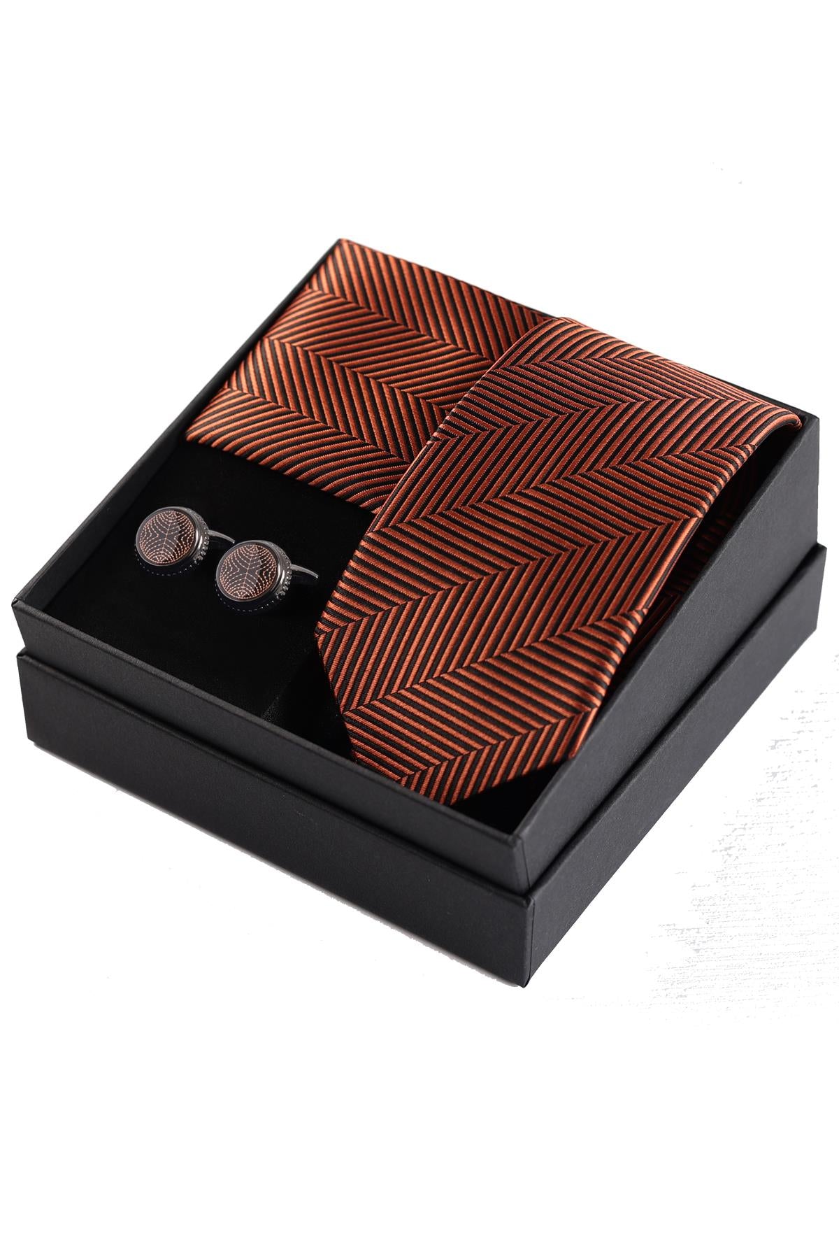 Esgue Siyah Kol Düğmesi & Kravat & Mendil Kutulu Hediye Seti