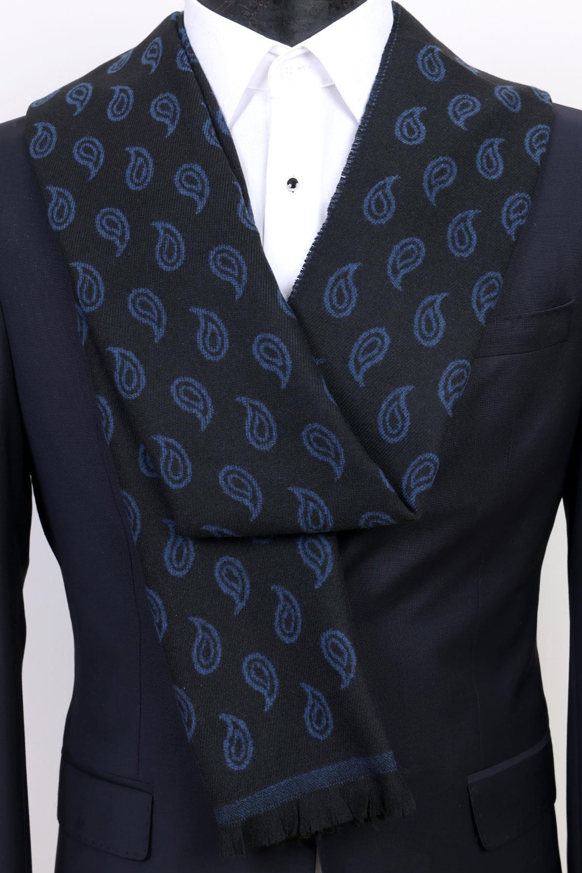 Esgue Siyah-Lacivert Çift Taraflı Damla Desen Viskon Kaşkol