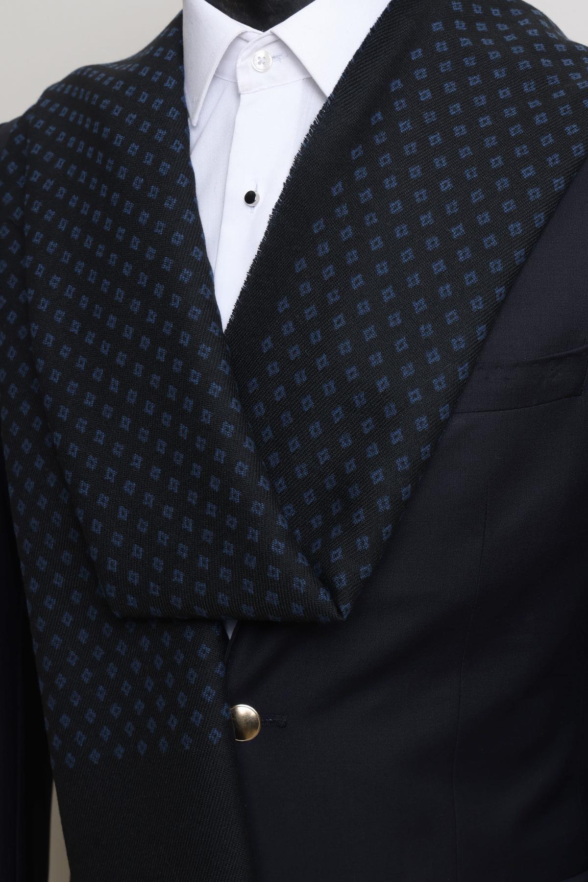 Esgue Siyah-Lacivert Çift Taraflı Desenli Viskon Kaşkol