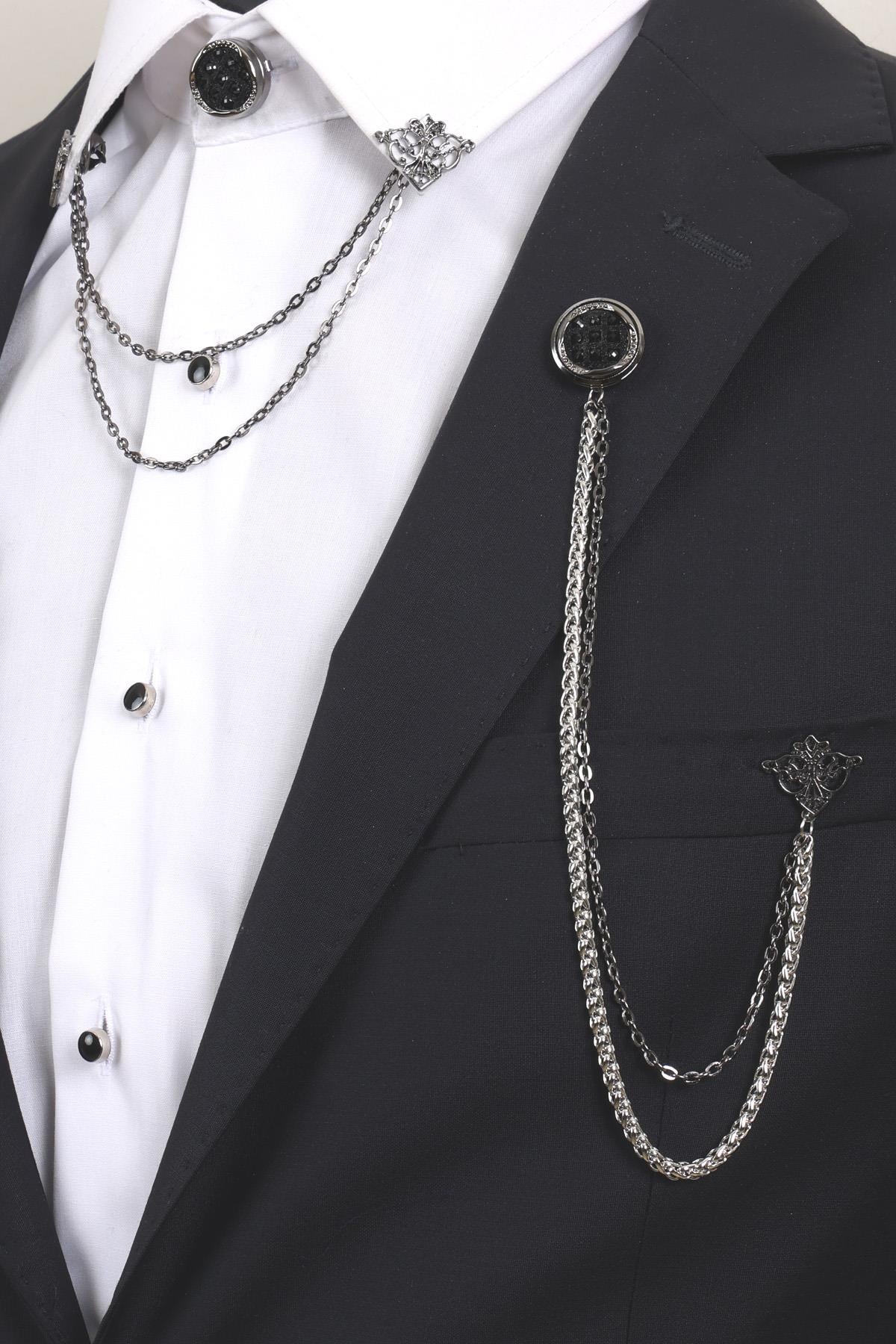 Esgue Erkek Siyah Desenli Yaka Broş Seti (3 lü) – Zincirli Ceket & Gömlek Aksesuarı (BRS02)