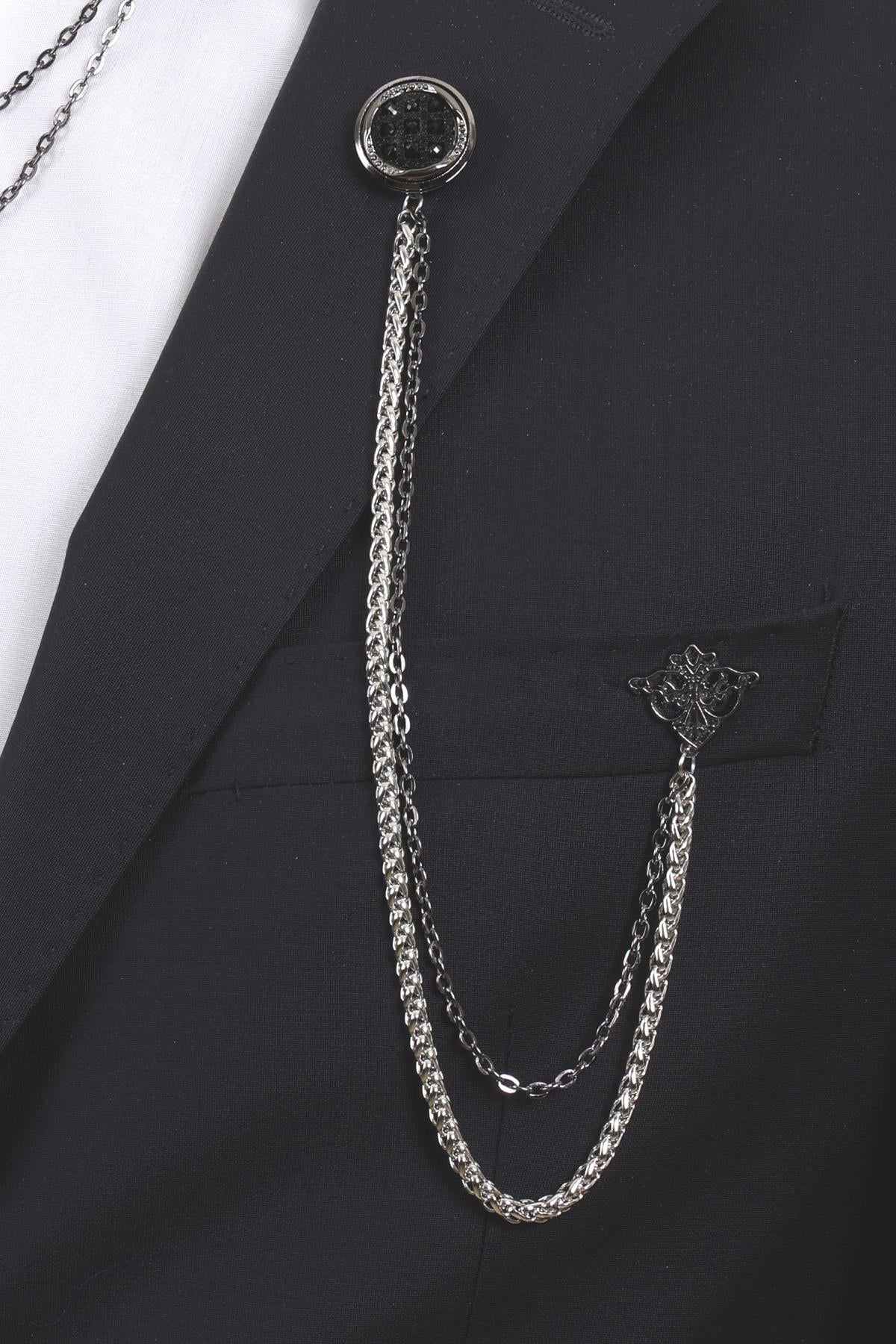 Esgue Erkek Siyah Desenli Yaka Broş Seti (3 lü) – Zincirli Ceket & Gömlek Aksesuarı (BRS02)