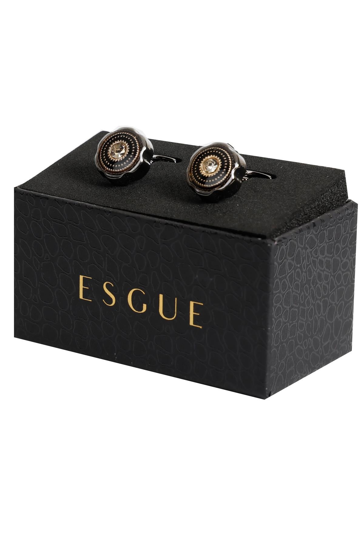 Esgue Siyah Renk Siyah Taşlı Yuvarlak Desenli Kol Düğmesi KD:7100