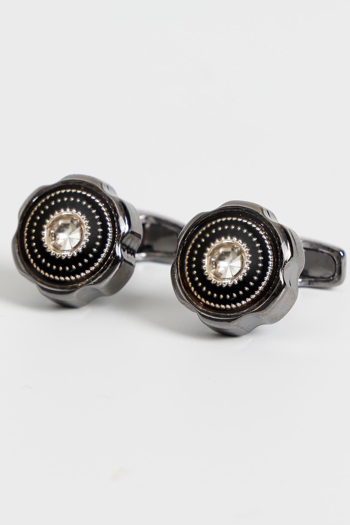 Esgue Siyah Renk Siyah Taşlı Yuvarlak Desenli Kol Düğmesi KD:7100