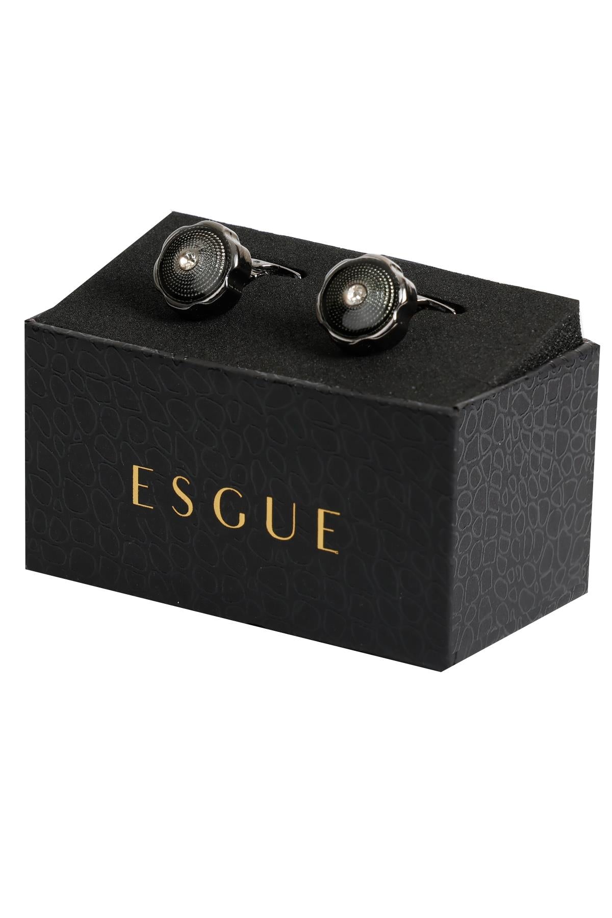 Esgue Siyah Renk Siyah Taşlı Yuvarlak Desenli Kol Düğmesi KD:7105