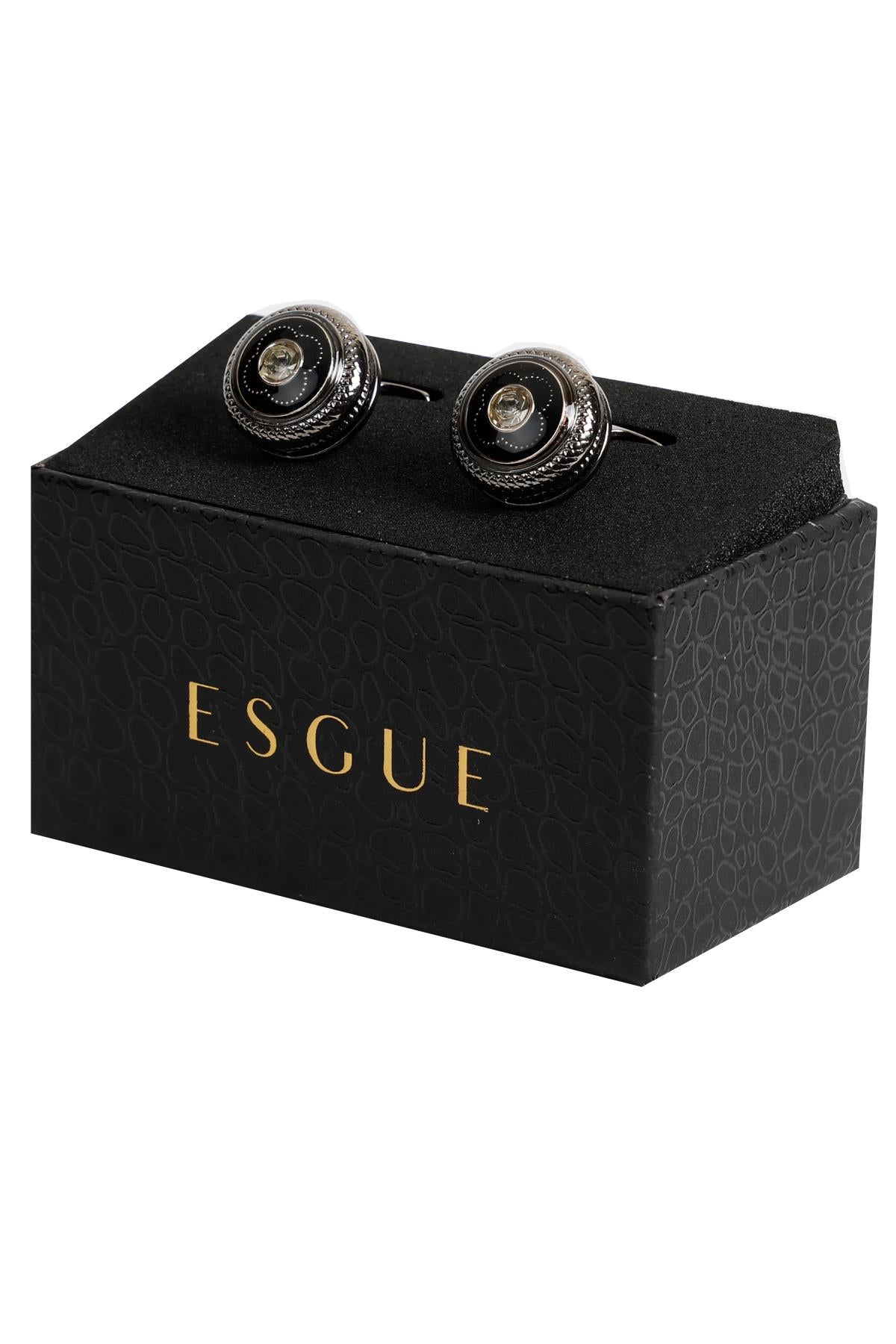 Esgue Siyah Renk Taşlı Siyah Desenli Yuvarlak Kol Düğmesi KD:7303