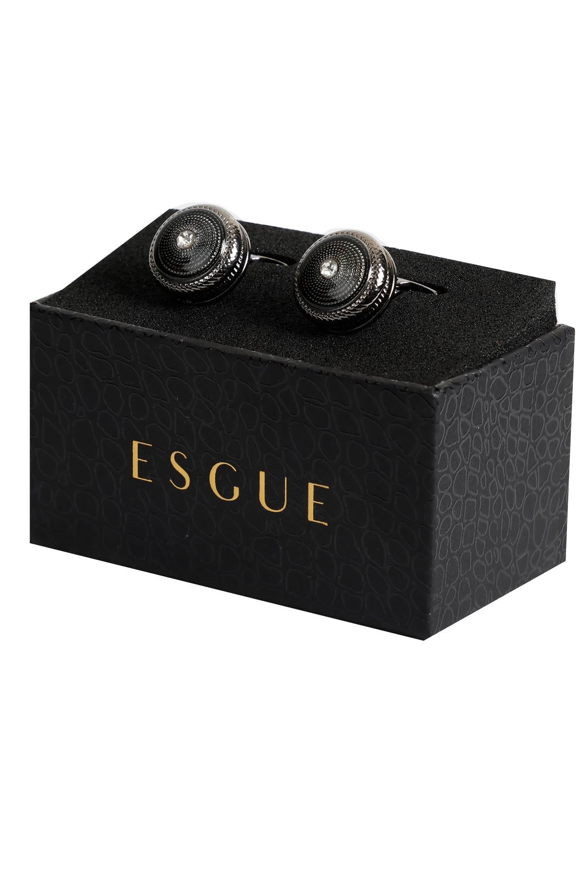 Esgue Siyah Renk Taşlı Siyah Desenli Yuvarlak Kol Düğmesi KD:7305