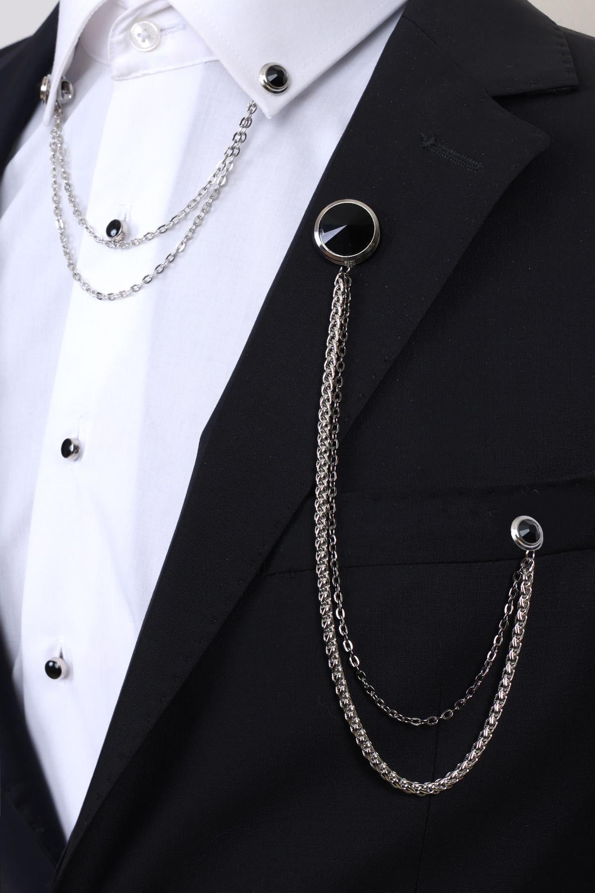 Esgue Siyah Taşlı Ceket & Gömlek Gümüş Renk Yaka Zinciri