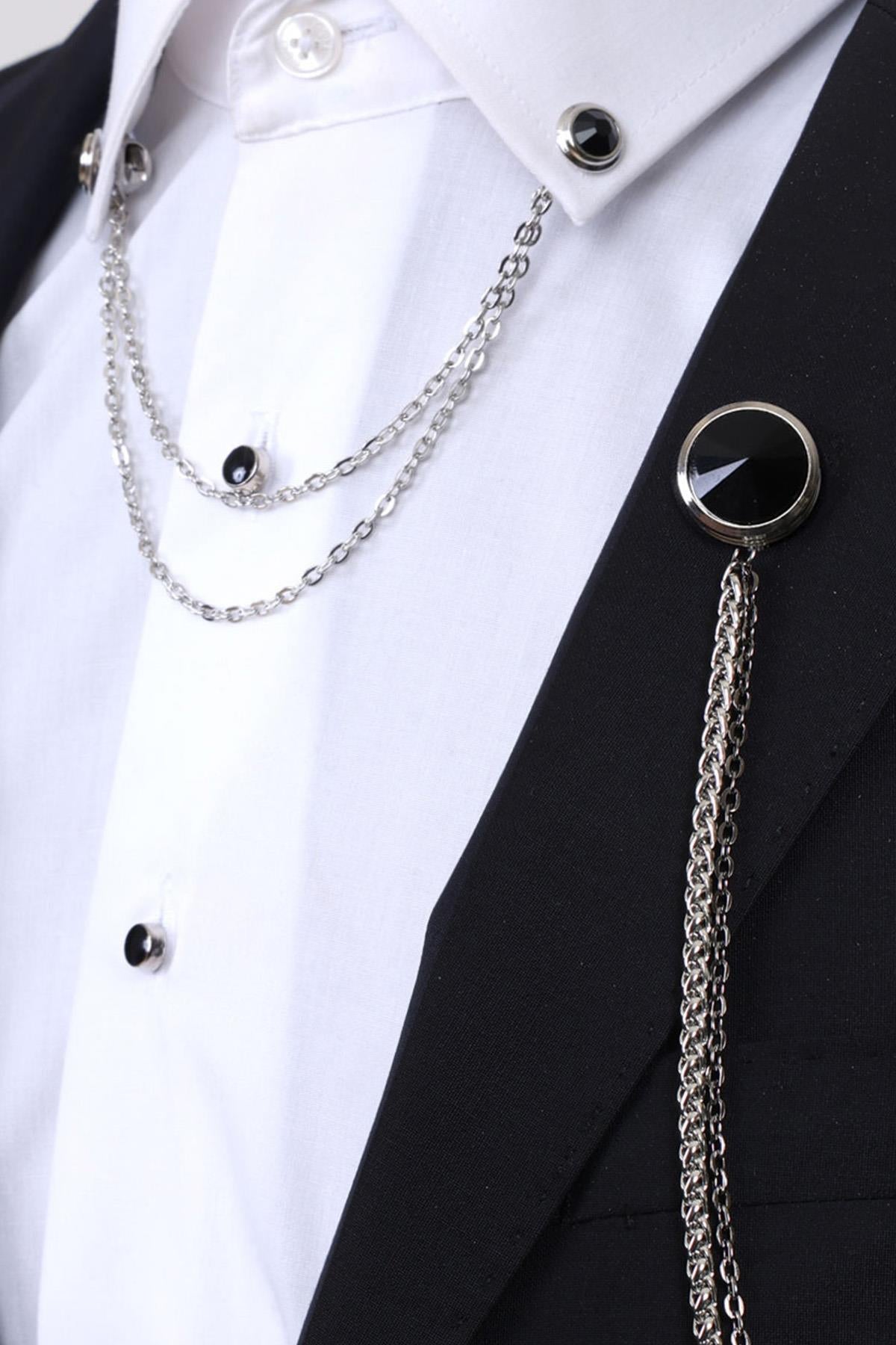 Esgue Siyah Taşlı Ceket & Gömlek Gümüş Renk Yaka Zinciri