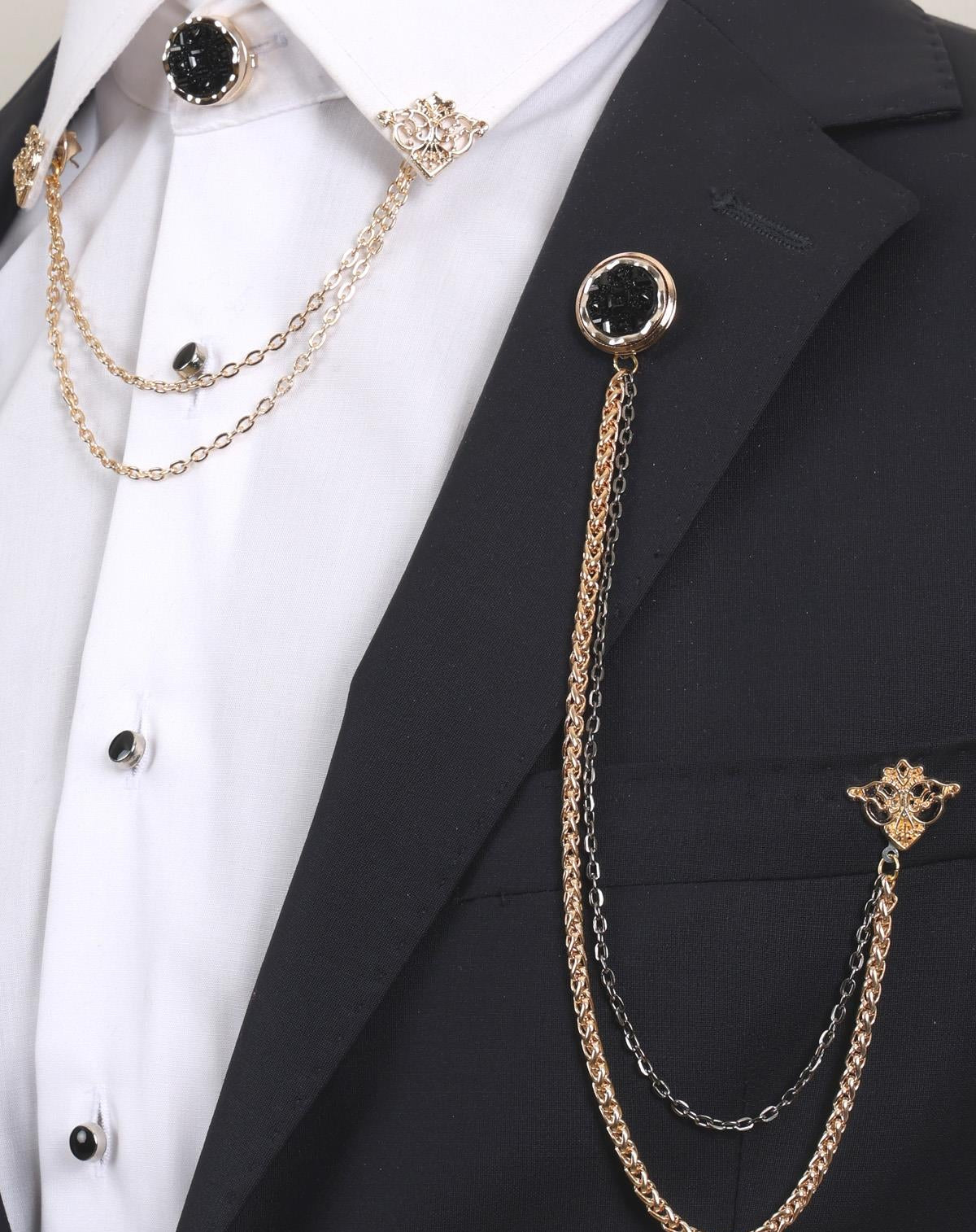 Esgue Siyah Taşlı Gold Yaka Broş Seti – 3’lü Zincirli Erkek Ceket Gömlek Aksesuarı (BRS12)
