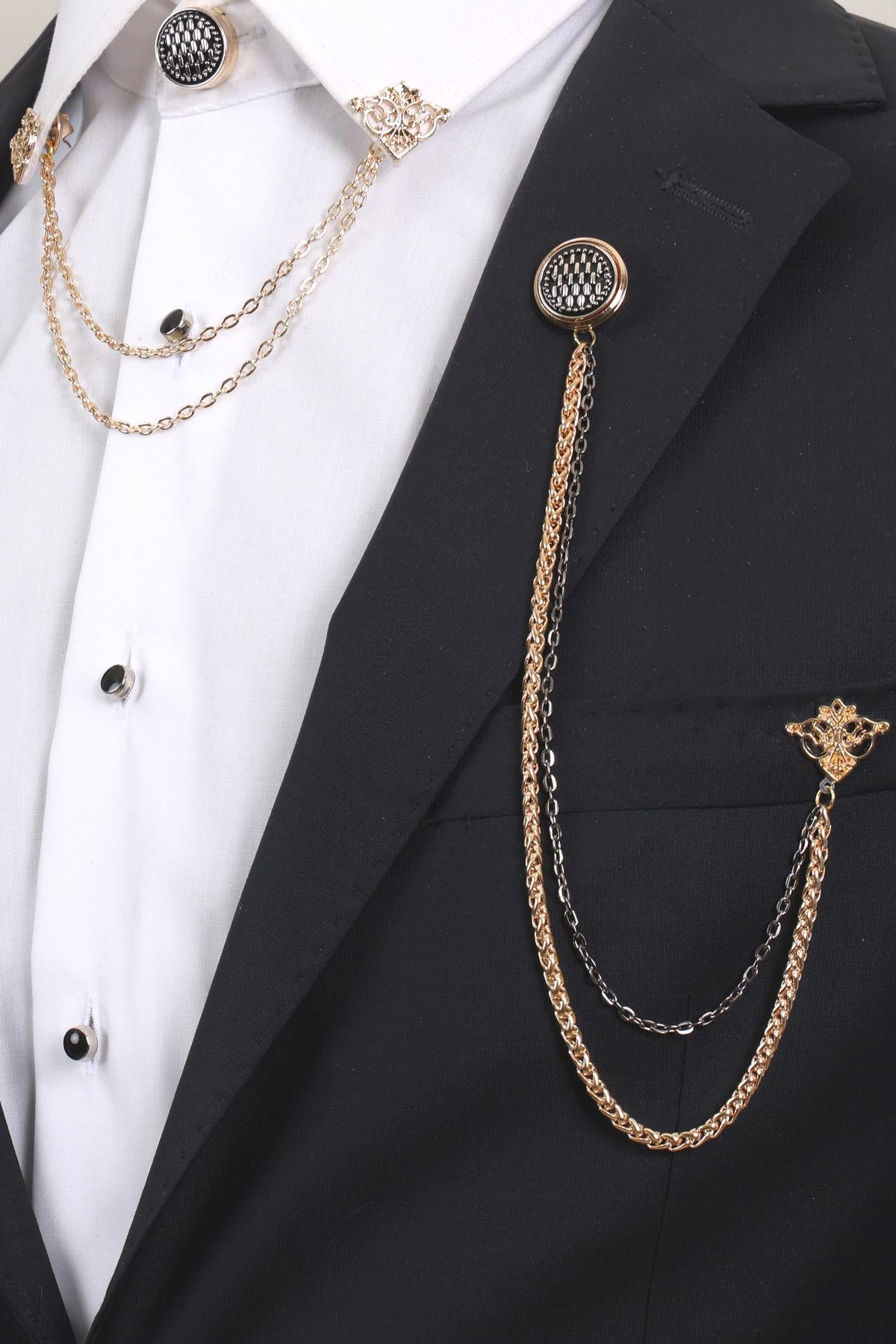 Esgue Siyah Desenli Gold Yaka Broş Seti – Zincirli 3’lü Erkek Aksesuar (BRS13)