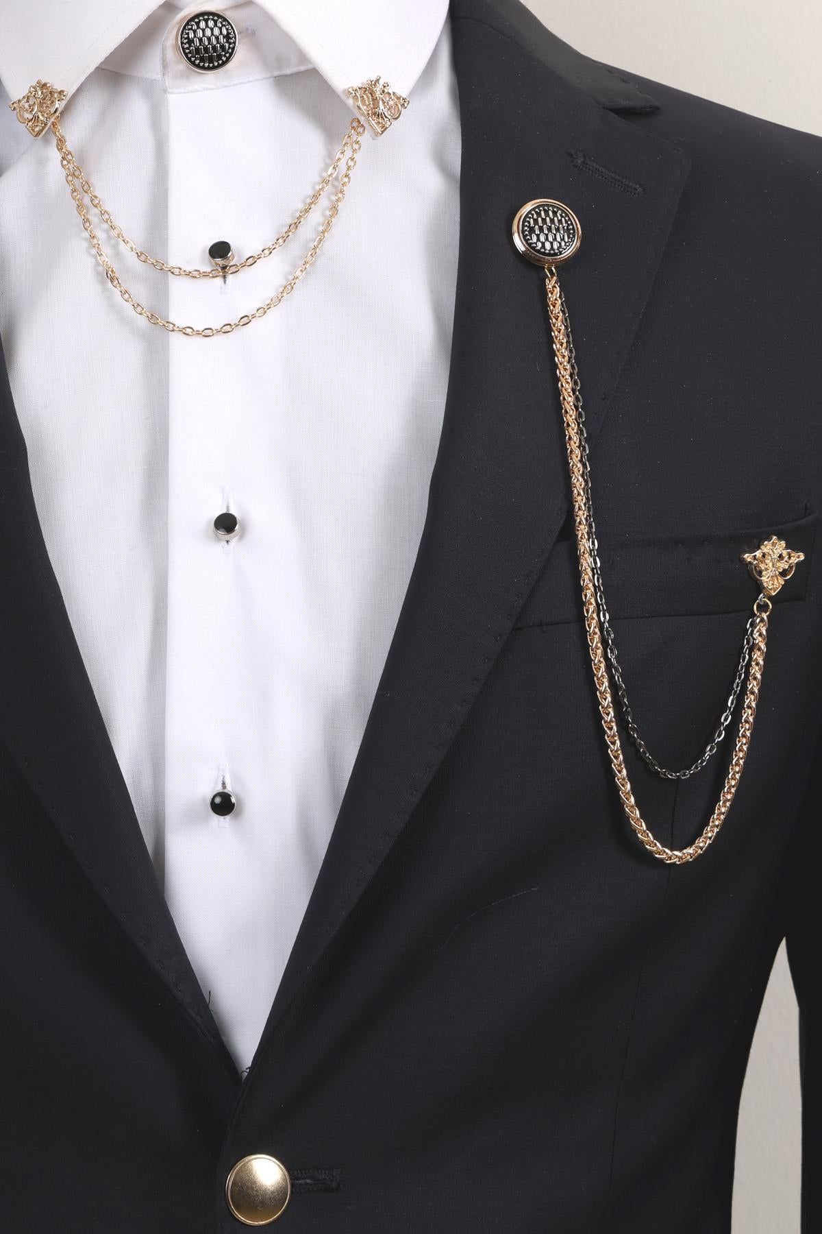 Esgue Siyah Desenli Gold Yaka Broş Seti – Zincirli 3’lü Erkek Aksesuar (BRS13)