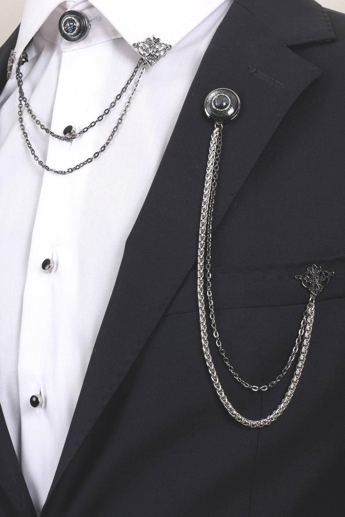 Esgue 3’lü Siyah Taşlı Yaka Broş Seti – Siyah Çerçeveli Zincirli Erkek Ceket & Gömlek Aksesuarı (BRS07)