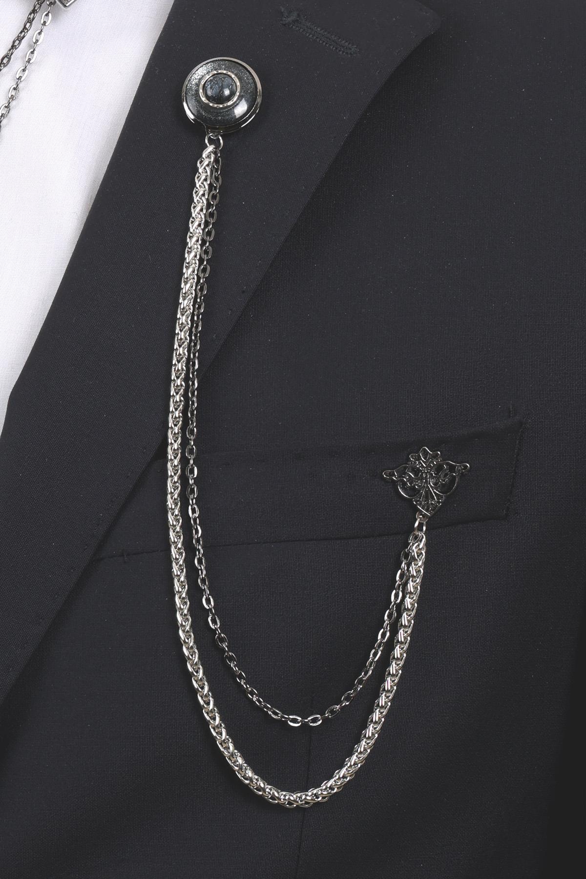 Esgue 3’lü Siyah Taşlı Yaka Broş Seti – Siyah Çerçeveli Zincirli Erkek Ceket & Gömlek Aksesuarı (BRS07)