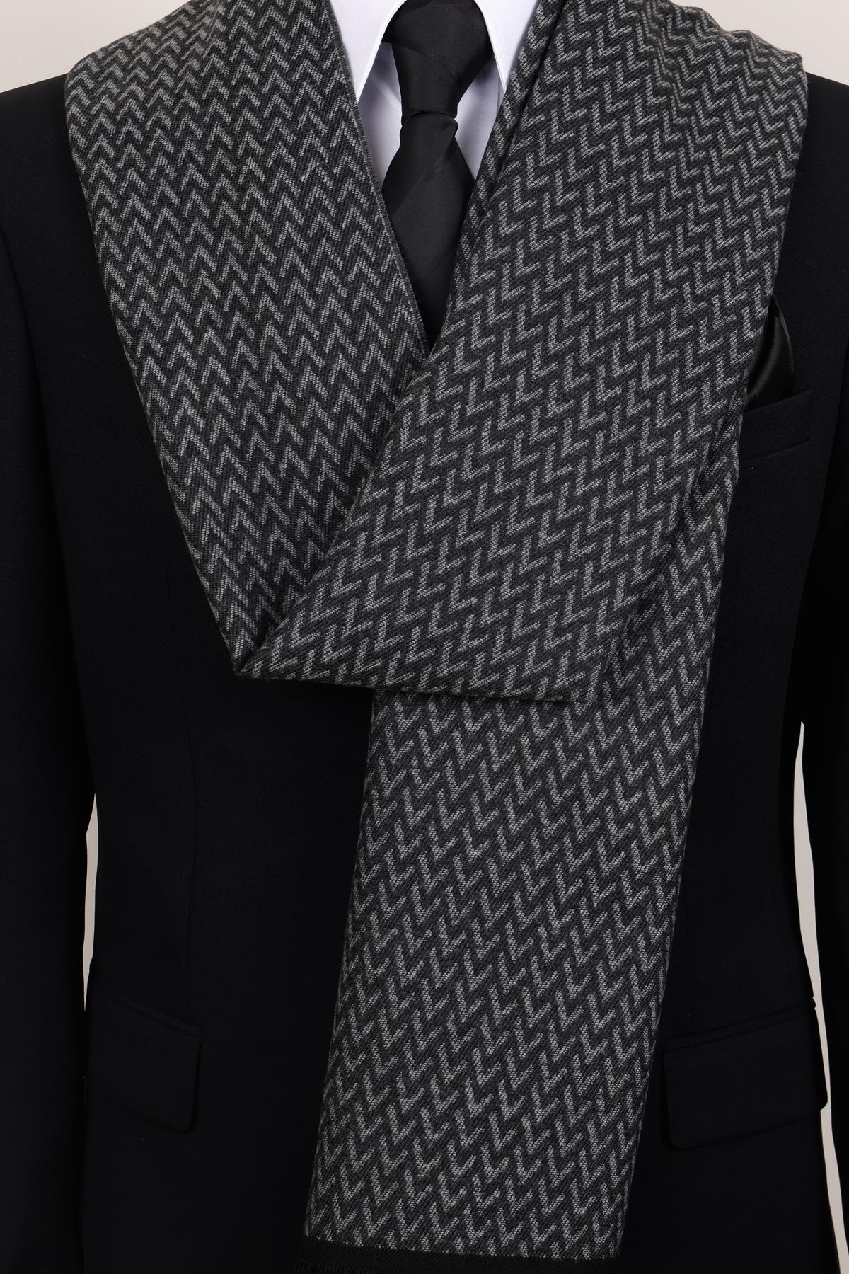 Esgue Antrasit V Desenli Erkek Kaşkol - Balıksırtı Dokulu Yumuşak Atkı