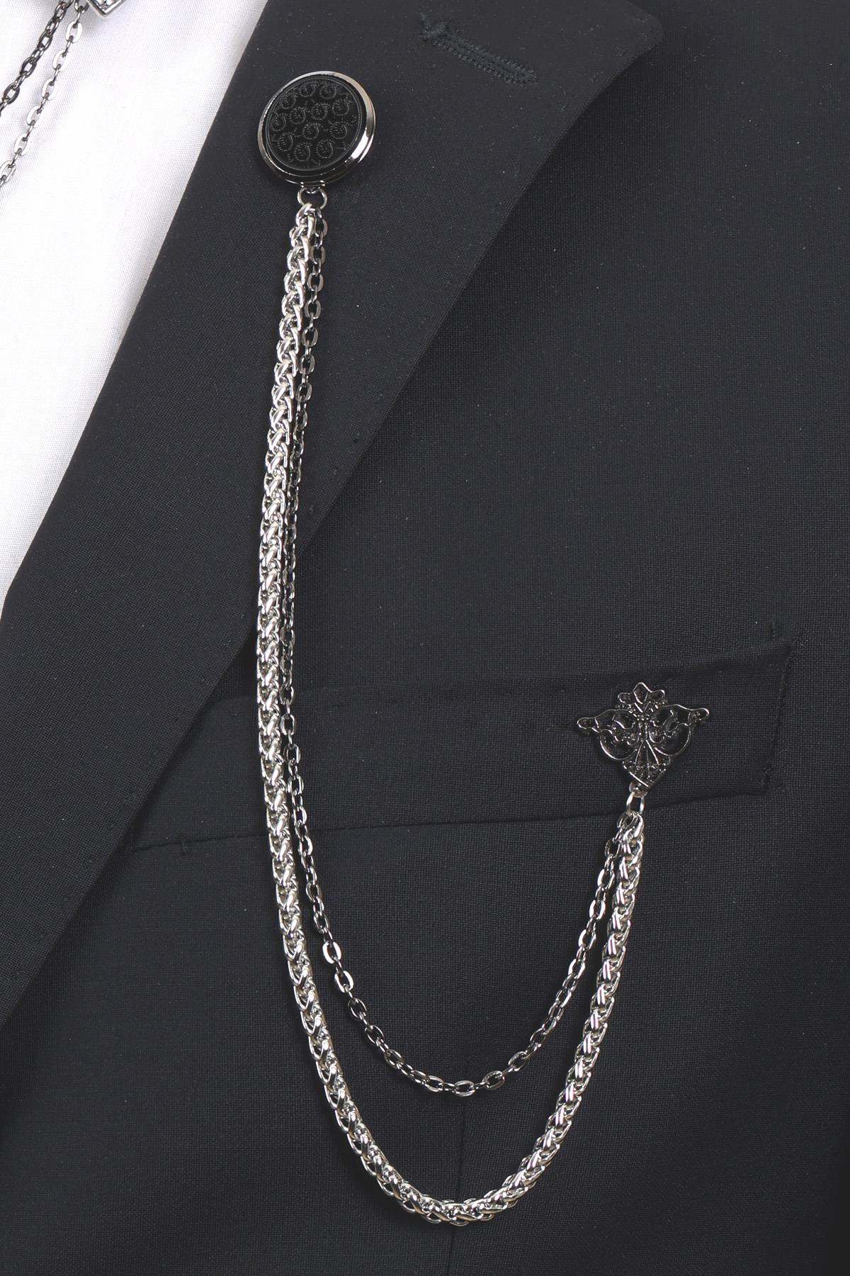 Esgue 3’lü Siyah Desenli Erkek Yaka Broş Seti – Zincirli Ceket ve Gömlek Aksesuarı (BRS05)