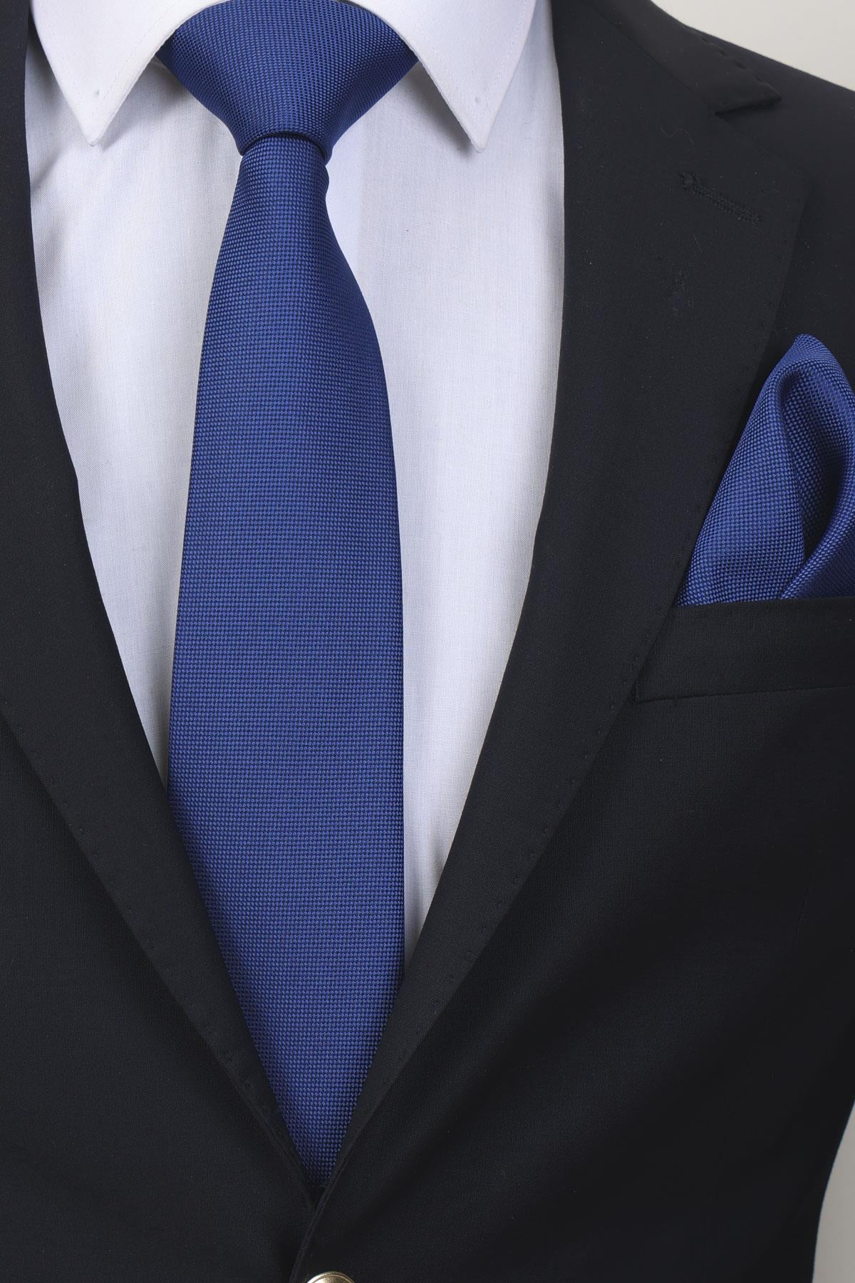 Esgue 7.5 Cm Hand Made Saks Mavi Kravat Mendil & Desenli Kol Düğmesi Hediye Seti HSET:123