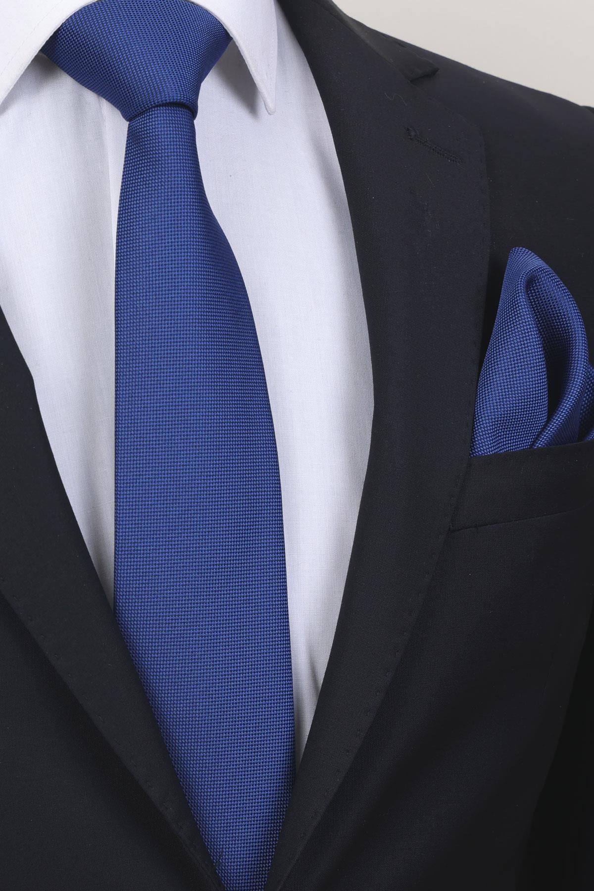 Esgue 7.5 Cm Hand Made Saks Mavi Kravat Mendil & Desenli Kol Düğmesi Hediye Seti HSET:123