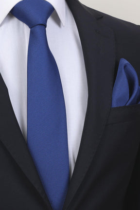 Esgue 7.5 Cm Hand Made Saks Mavi Kravat Mendil & Desenli Kol Düğmesi Hediye Seti HSET:123