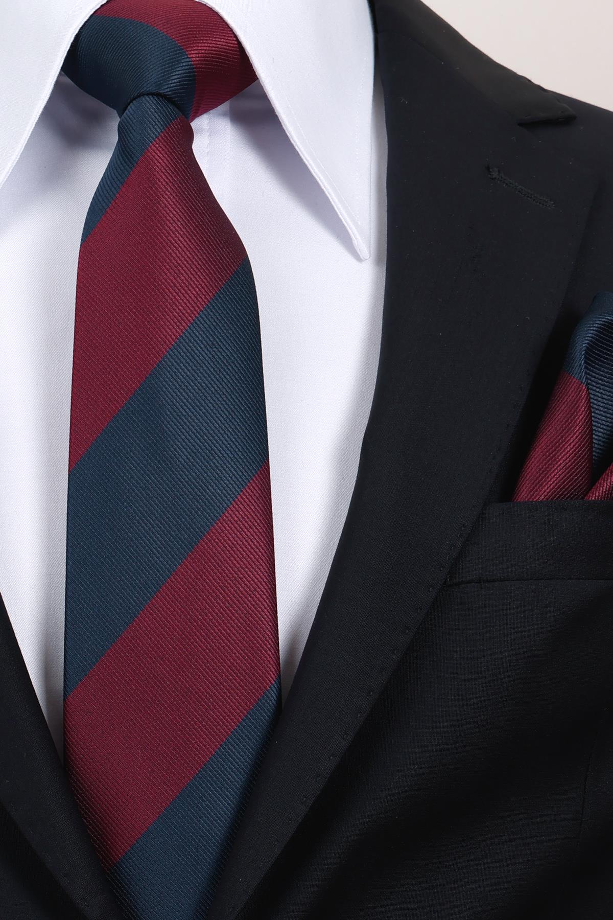 Esgue 8 cm Bordo Lacivert Parçalı Desen Hand Made Klasik Geniş Mendilli Kravat