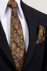 Esgue 8 cm Gold Siyah Çiçek Desenli Hand Made Klasik Geniş Mendilli Kravat