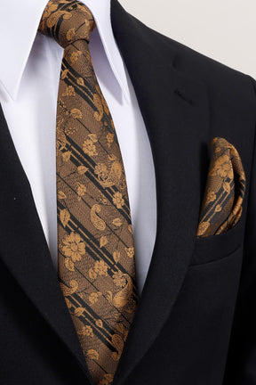 Esgue 8 cm Gold Siyah Çiçek Desenli Hand Made Klasik Geniş Mendilli Kravat