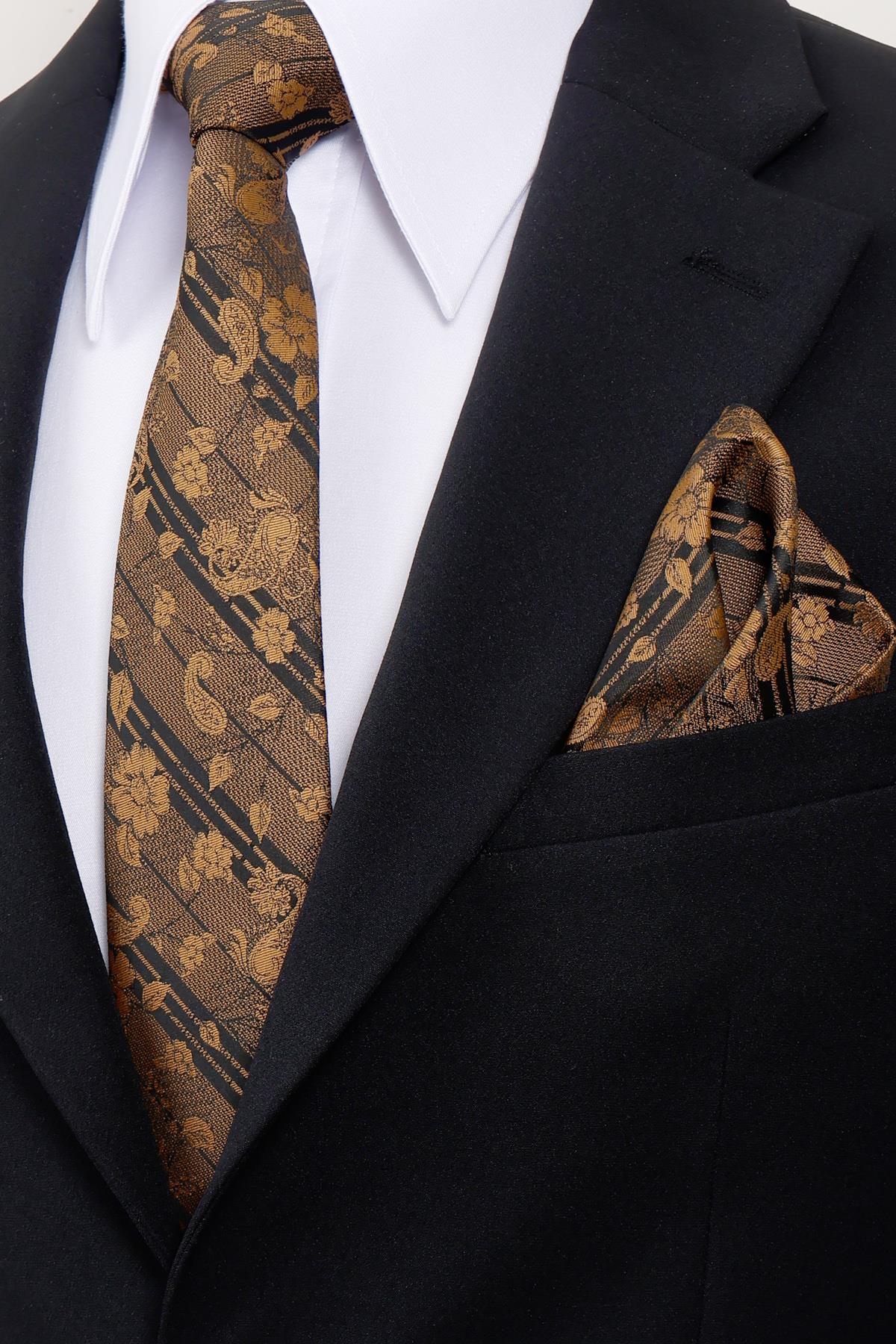 Esgue 8 cm Gold Siyah Çiçek Desenli Hand Made Klasik Geniş Mendilli Kravat