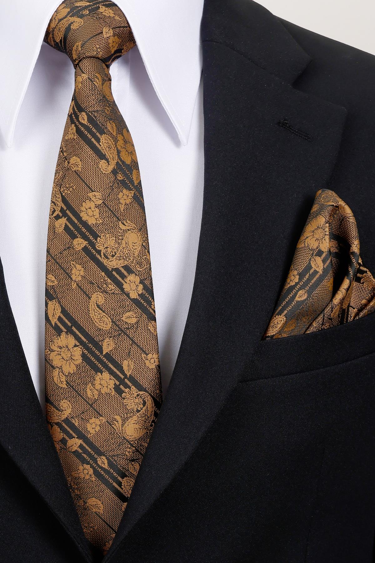 Esgue 8 cm Gold Siyah Çiçek Desenli Hand Made Klasik Geniş Mendilli Kravat