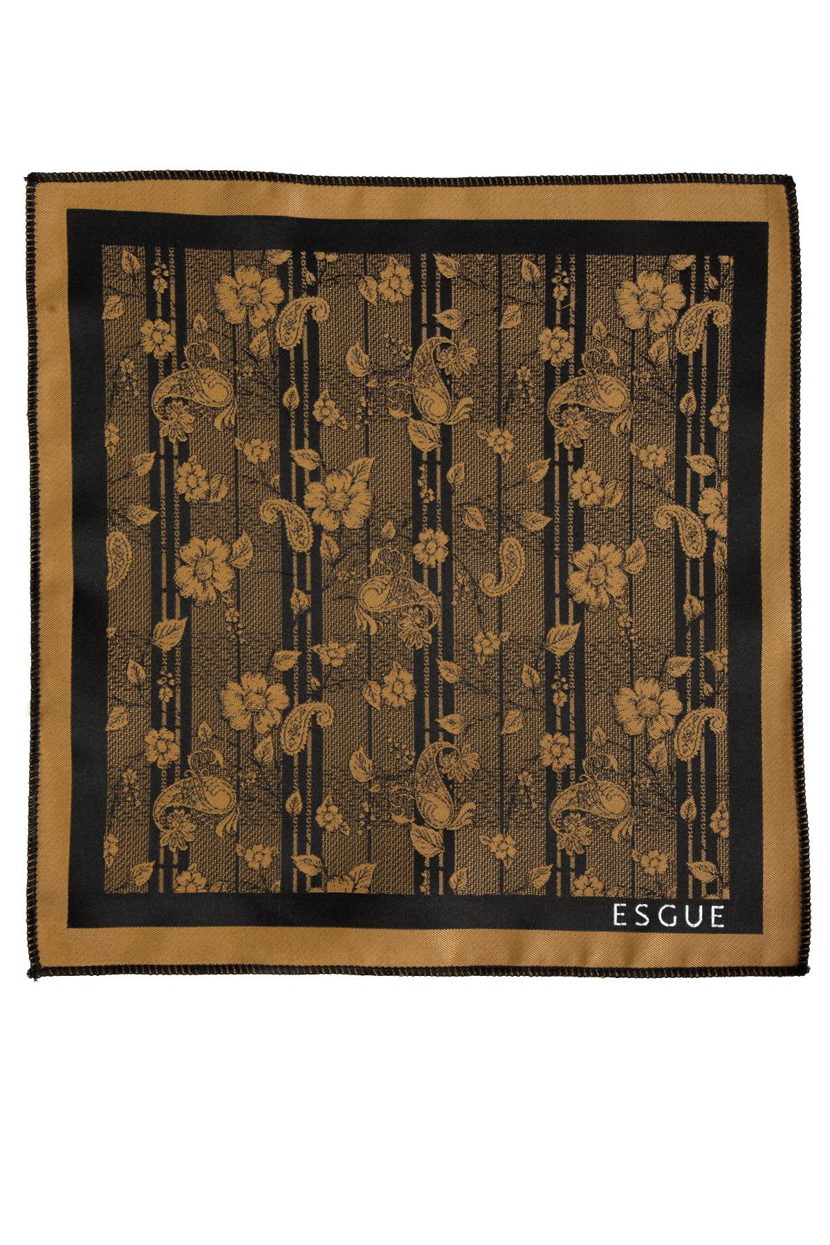 Esgue 8 cm Gold Siyah Çiçek Desenli Hand Made Klasik Geniş Mendilli Kravat