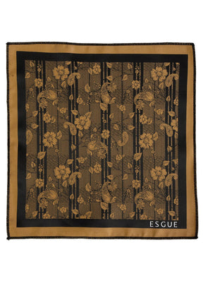 Esgue 8 cm Gold Siyah Çiçek Desenli Hand Made Klasik Geniş Mendilli Kravat