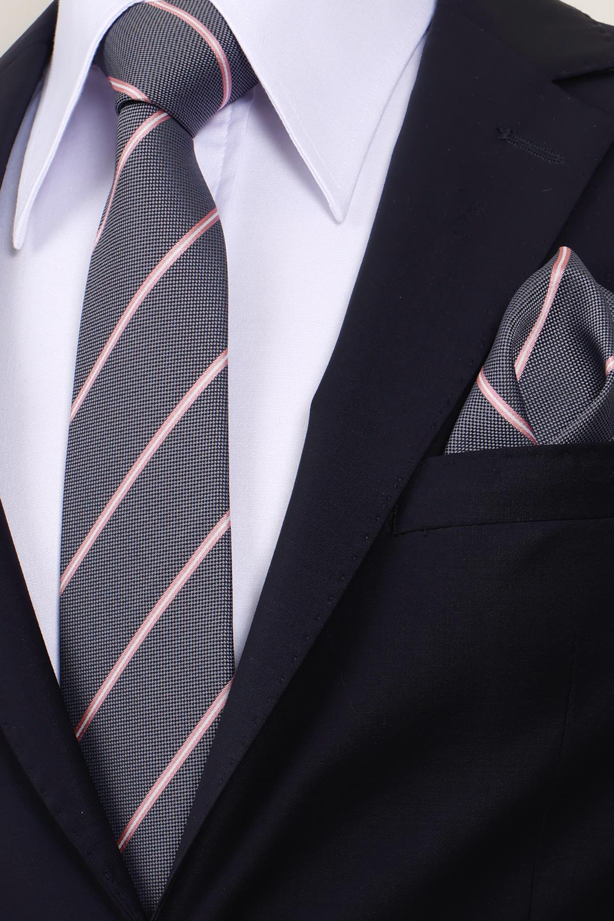 Esgue 8 cm Gri Pembe Çizgili Hand Made Klasik Geniş Mendilli Kravat