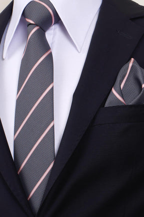 Esgue 8 cm Gri Pembe Çizgili Hand Made Klasik Geniş Mendilli Kravat