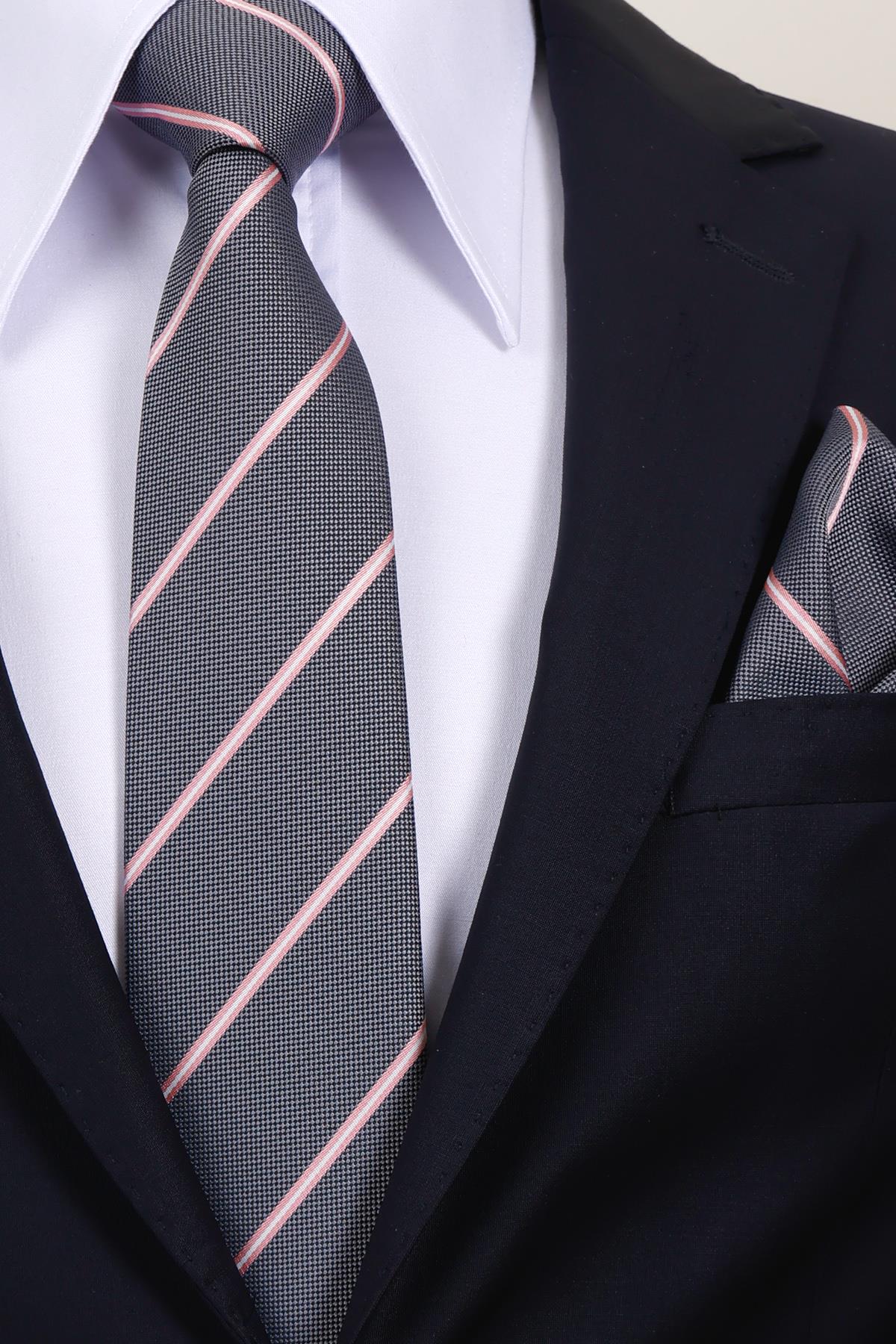 Esgue 8 cm Gri Pembe Çizgili Hand Made Klasik Geniş Mendilli Kravat