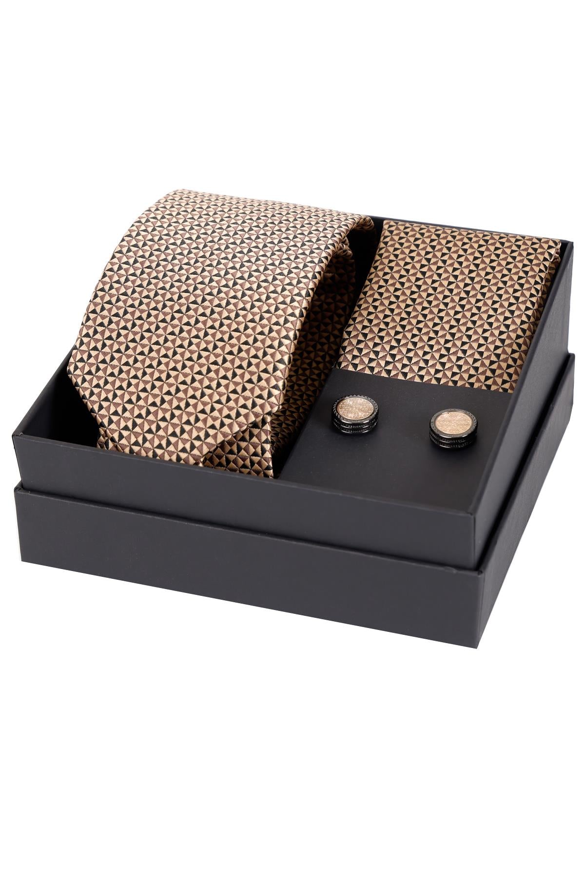 Esgue 8 Cm Hand Made Bej Siyah Desenli Kravat Mendil & Bej Siyah Kol Düğmesi Hediye Seti HSET:129