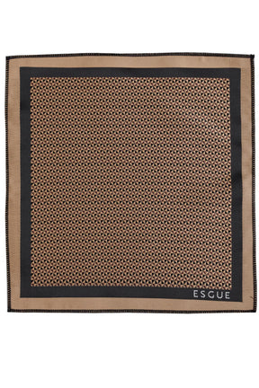 Esgue 8 Cm Hand Made Bej Siyah Desenli Kravat Mendil & Bej Siyah Kol Düğmesi Hediye Seti HSET:129