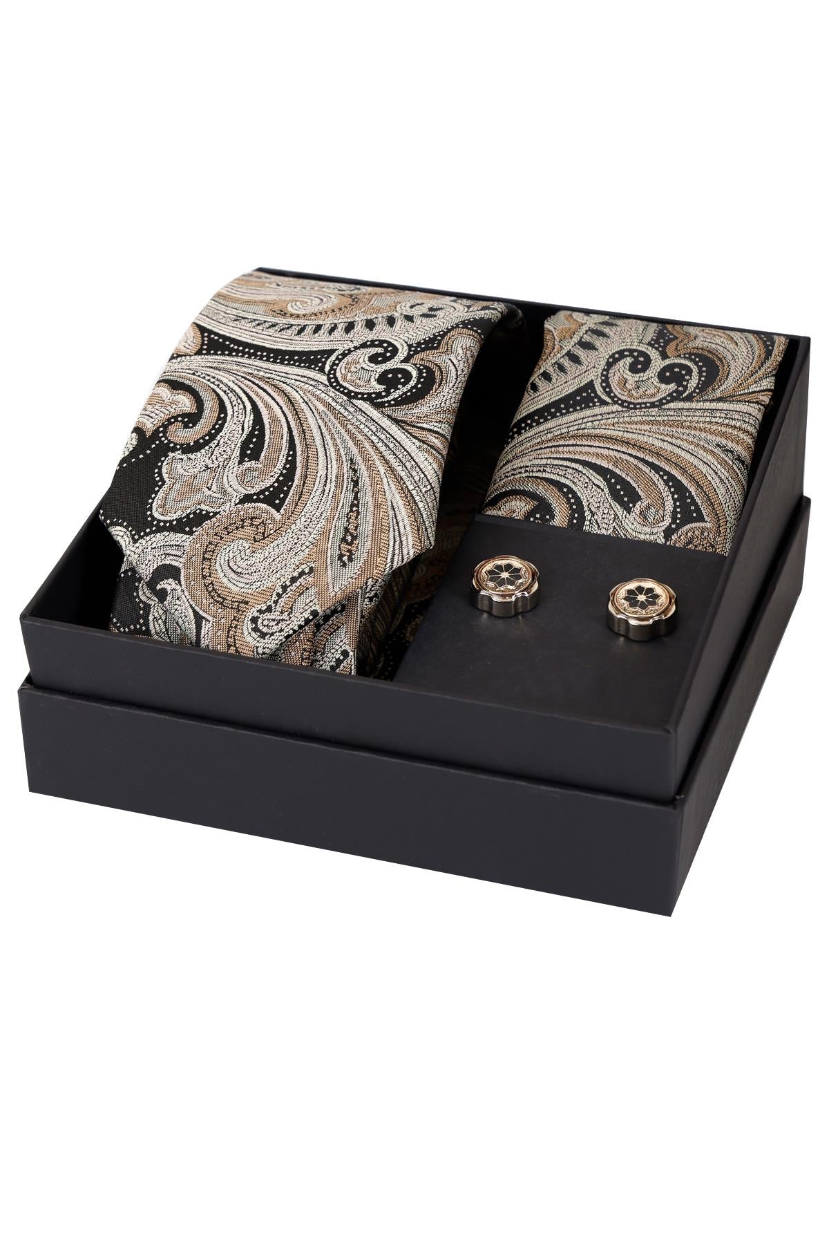 Esgue 8 Cm Hand Made Bej Siyah Şal Desen Kravat Mendil & Kol Düğmesi  Hediye Seti HSET:110