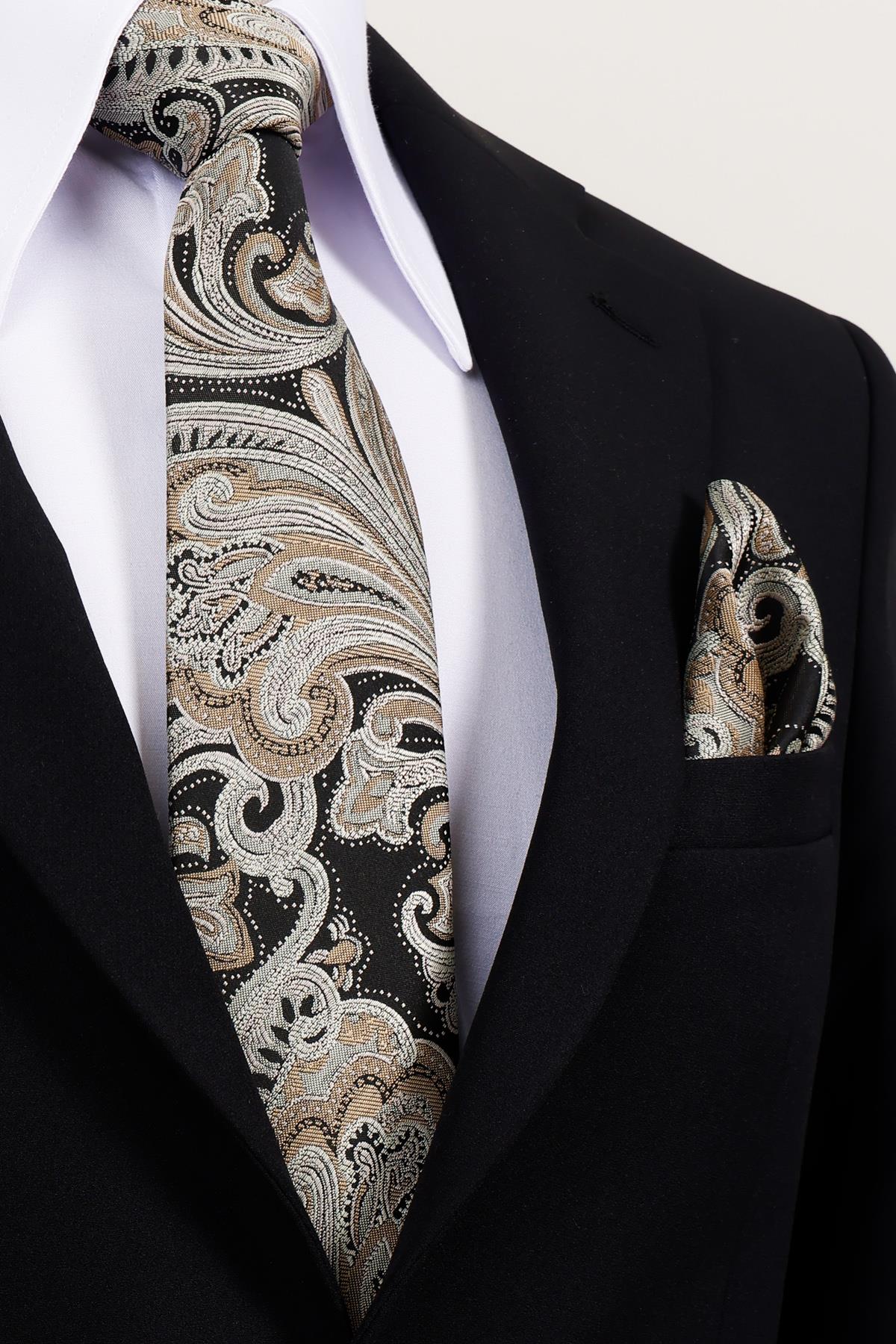 Esgue 8 Cm Hand Made Bej Siyah Şal Desen Kravat Mendil & Kol Düğmesi  Hediye Seti HSET:110