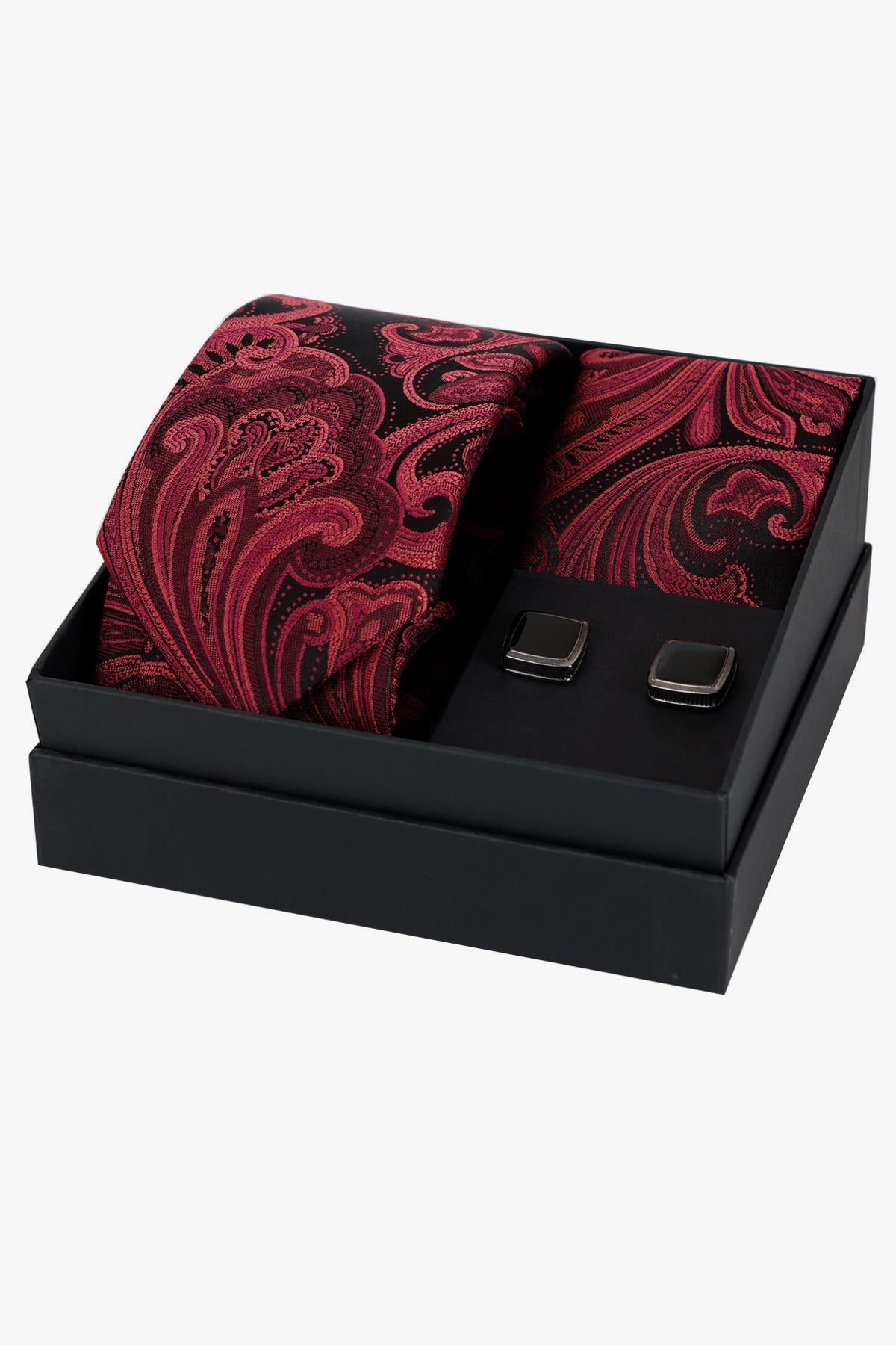Esgue 8 Cm Hand Made Bordo Siyah Şal Desen Kravat Mendil & Siyah Kare Kol Düğmesi  Hediye Seti HSET:108
