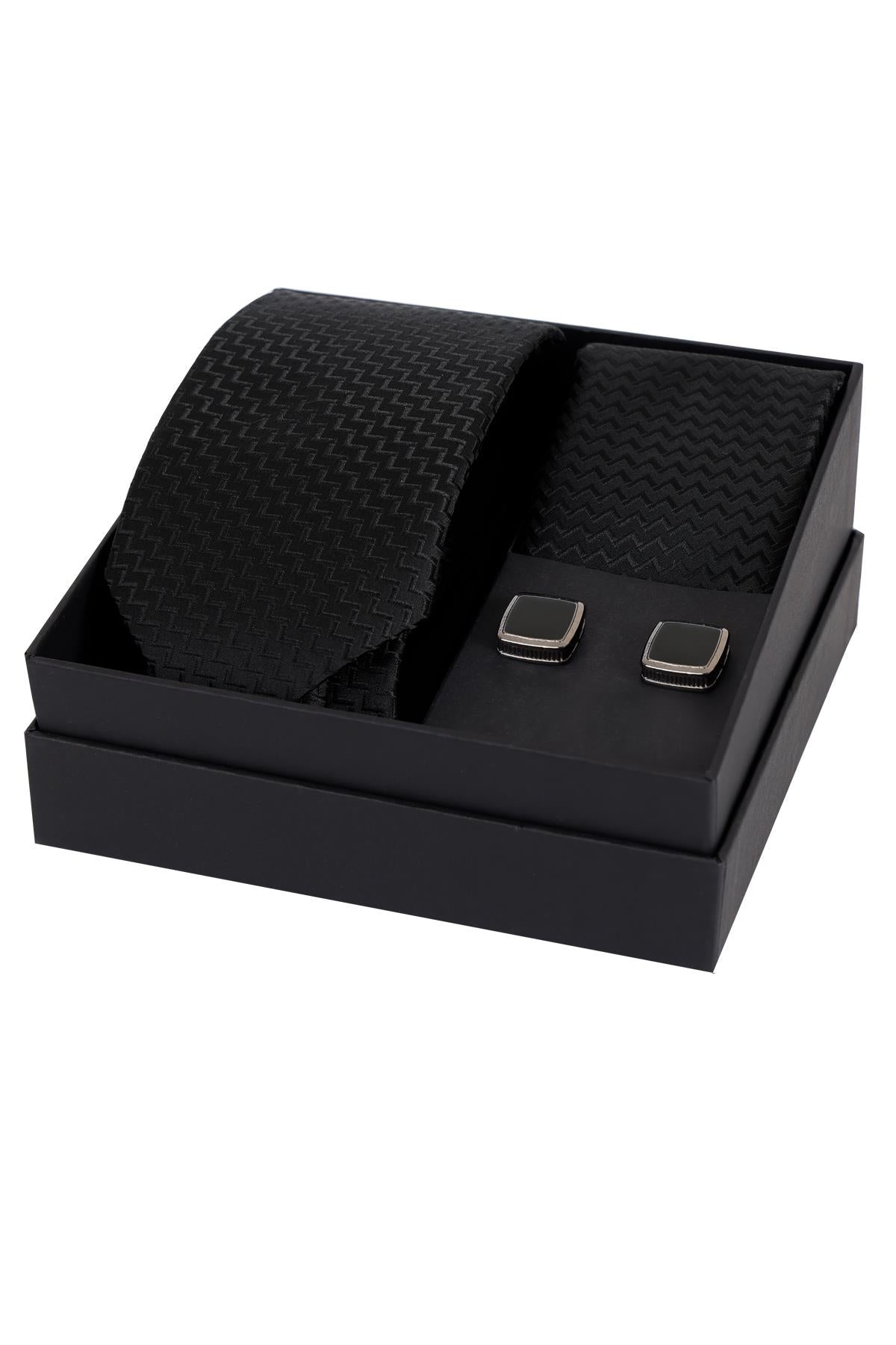 Esgue 8 Cm Hand Made Desenli Siyah Kravat Mendil & Siyah Kare Kol Düğmesi Hediye Seti HSET:101