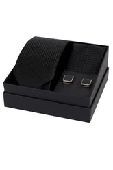 Esgue 8 Cm Hand Made Desenli Siyah Kravat Mendil & Siyah Kare Kol Düğmesi Hediye Seti HSET:101