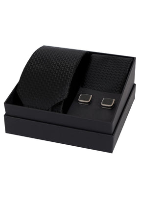 Esgue 8 Cm Hand Made Desenli Siyah Kravat Mendil & Siyah Kare Kol Düğmesi Hediye Seti HSET:101