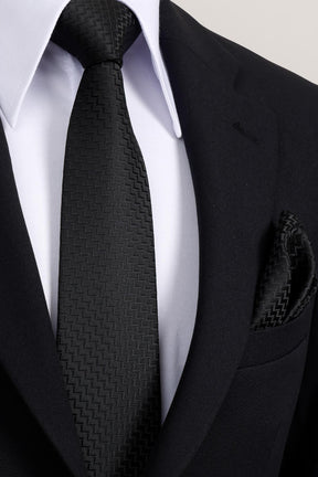 Esgue 8 Cm Hand Made Desenli Siyah Kravat Mendil & Siyah Kare Kol Düğmesi Hediye Seti HSET:101