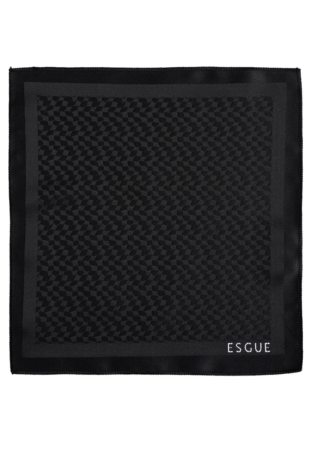 Esgue 8 Cm Hand Made Desenli Siyah Kravat Mendil & Siyah Kol Düğmesi Hediye Seti HSET:100