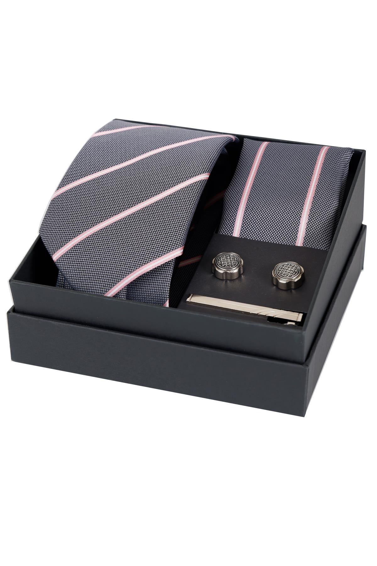 Esgue 8 Cm Hand Made Gri Pembe Çizgili Kravat Mendil & Kol Düğmesi & Kravat Maşası Hediye Seti HSET:116