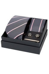Esgue 8 Cm Hand Made Gri Pembe Çizgili Kravat Mendil & Kol Düğmesi & Kravat Maşası Hediye Seti HSET:116
