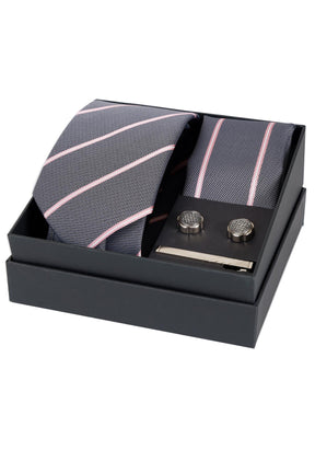 Esgue 8 Cm Hand Made Gri Pembe Çizgili Kravat Mendil & Kol Düğmesi & Kravat Maşası Hediye Seti HSET:116