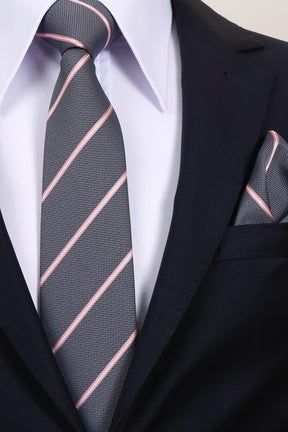 Esgue 8 Cm Hand Made Gri Pembe Çizgili Kravat Mendil & Kol Düğmesi & Kravat Maşası Hediye Seti HSET:116
