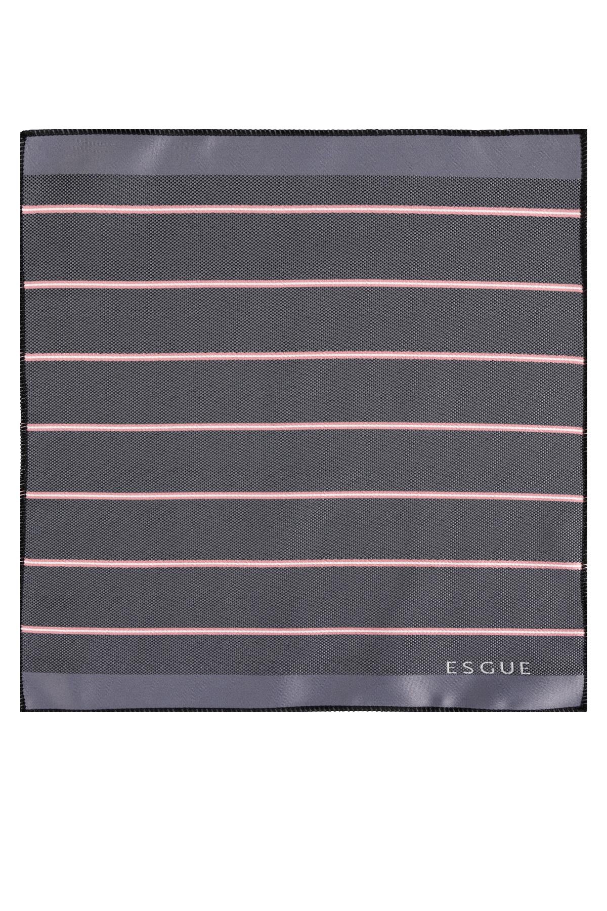 Esgue 8 Cm Hand Made Gri Pembe Çizgili Kravat Mendil & Kol Düğmesi & Kravat Maşası Hediye Seti HSET:116
