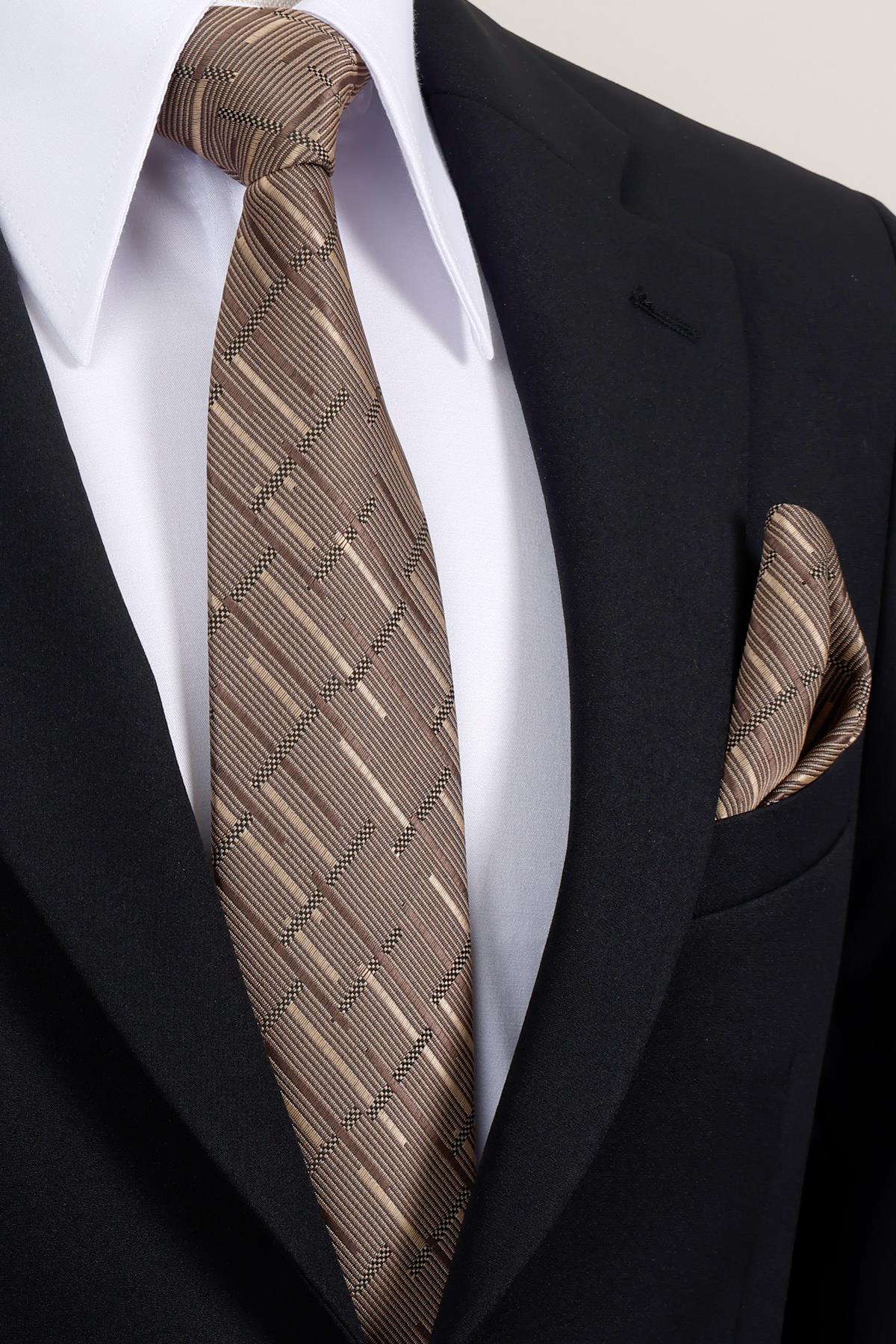 Esgue 8 Cm Hand Made Kahverengi - Bej Çizgili Desen Mendilli Kravat