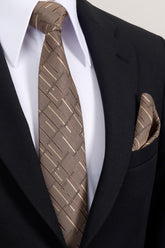 Esgue 8 Cm Hand Made Kahverengi - Bej Çizgili Desen Mendilli Kravat